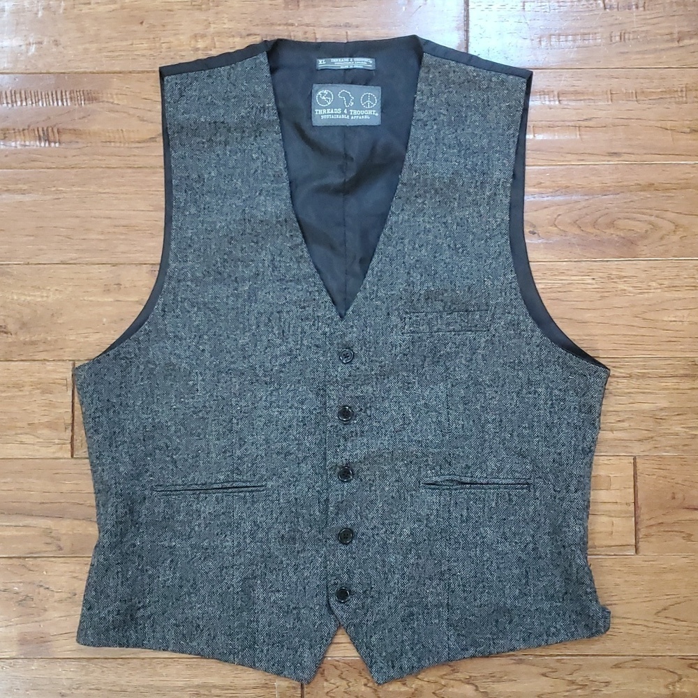 Threads 4 Thought Donegal Gray Tweed Vest with Black Lining
